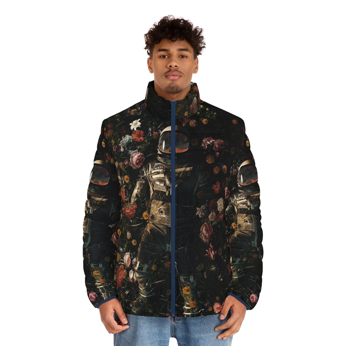 Puffer jacket with cosmic garden and surreal floral design - men front