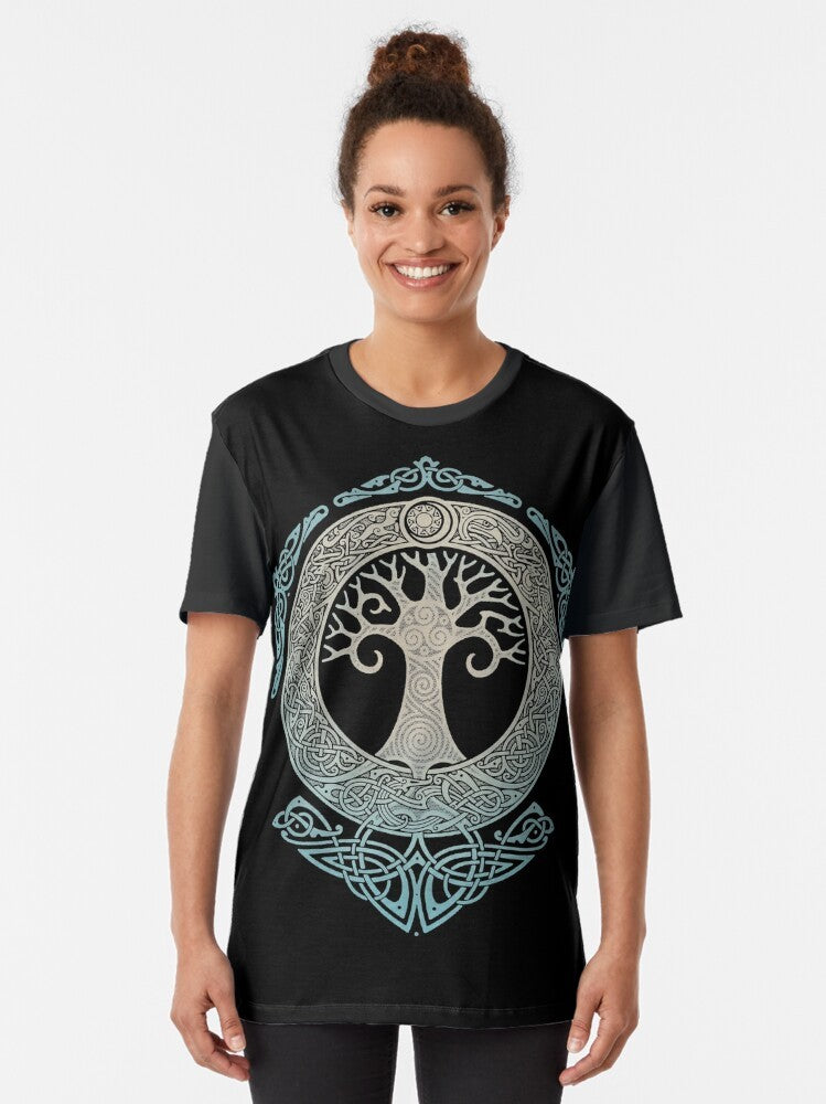 Graphic t-shirt design featuring Yggdrasil, the mythical tree of life from Norse mythology - Women