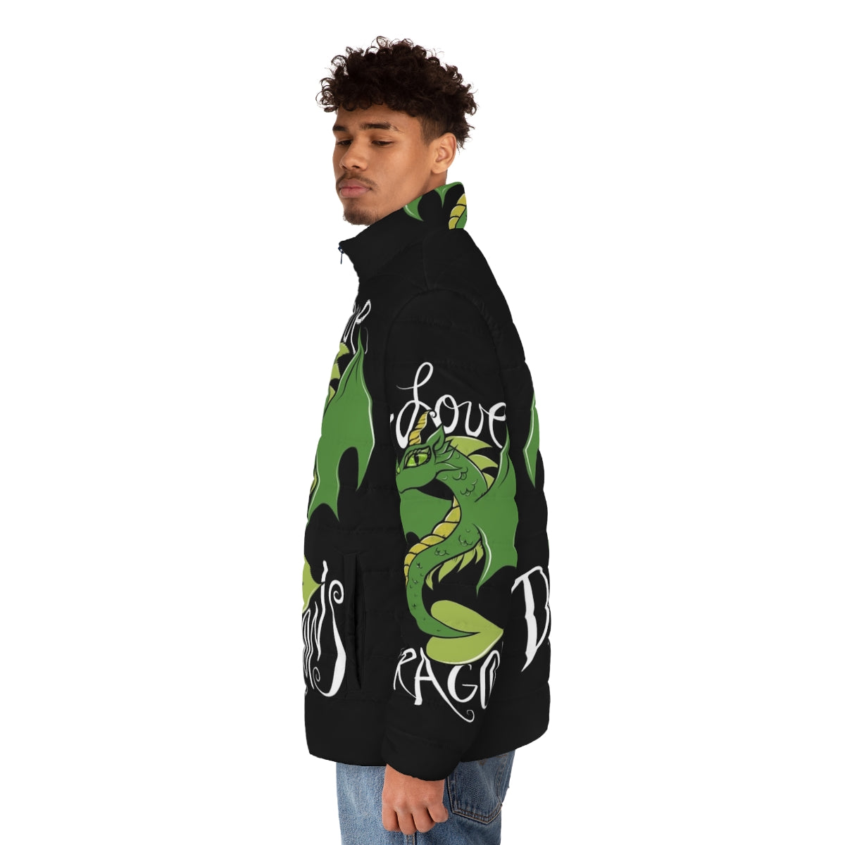 "I Love Dragons" puffer jacket featuring a green dragon design - men side left