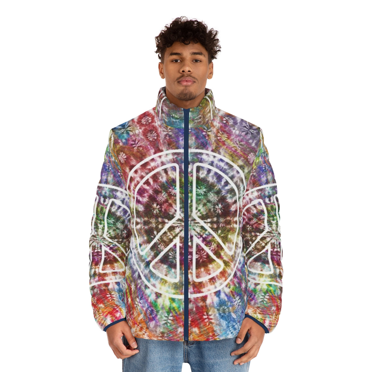 Vibrant retro tie-dye puffer jacket with peace sign and psychedelic design - men front