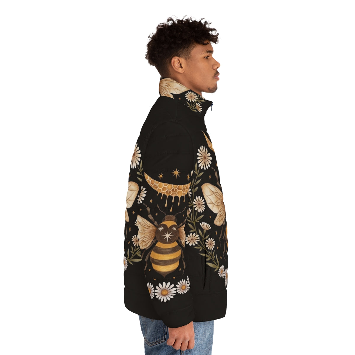 Cozy honeymoon puffer jacket featuring a bee, honey comb, and crescent moon design - men side right