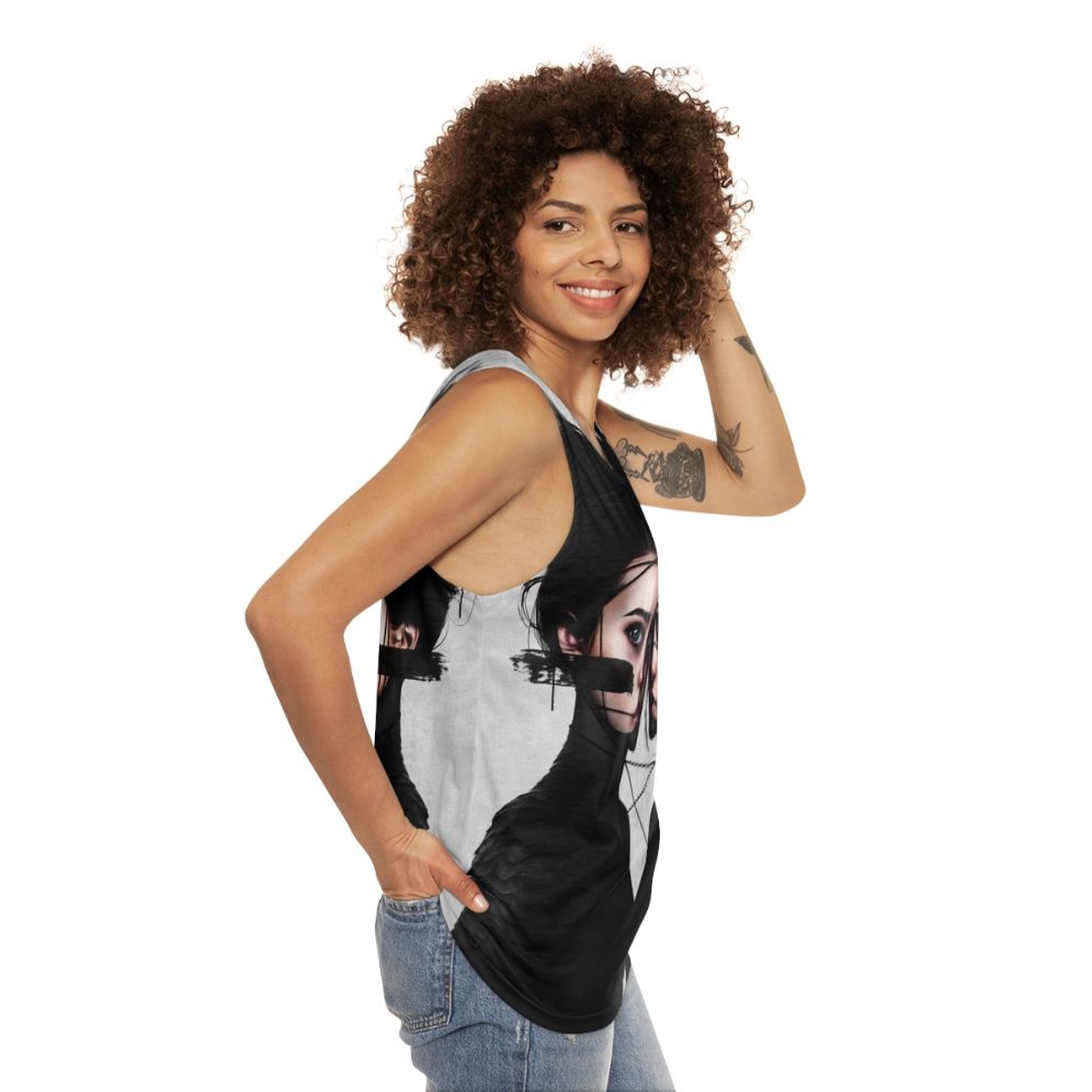 Gemini zodiac unisex tank top featuring surrealistic portrait art - women side