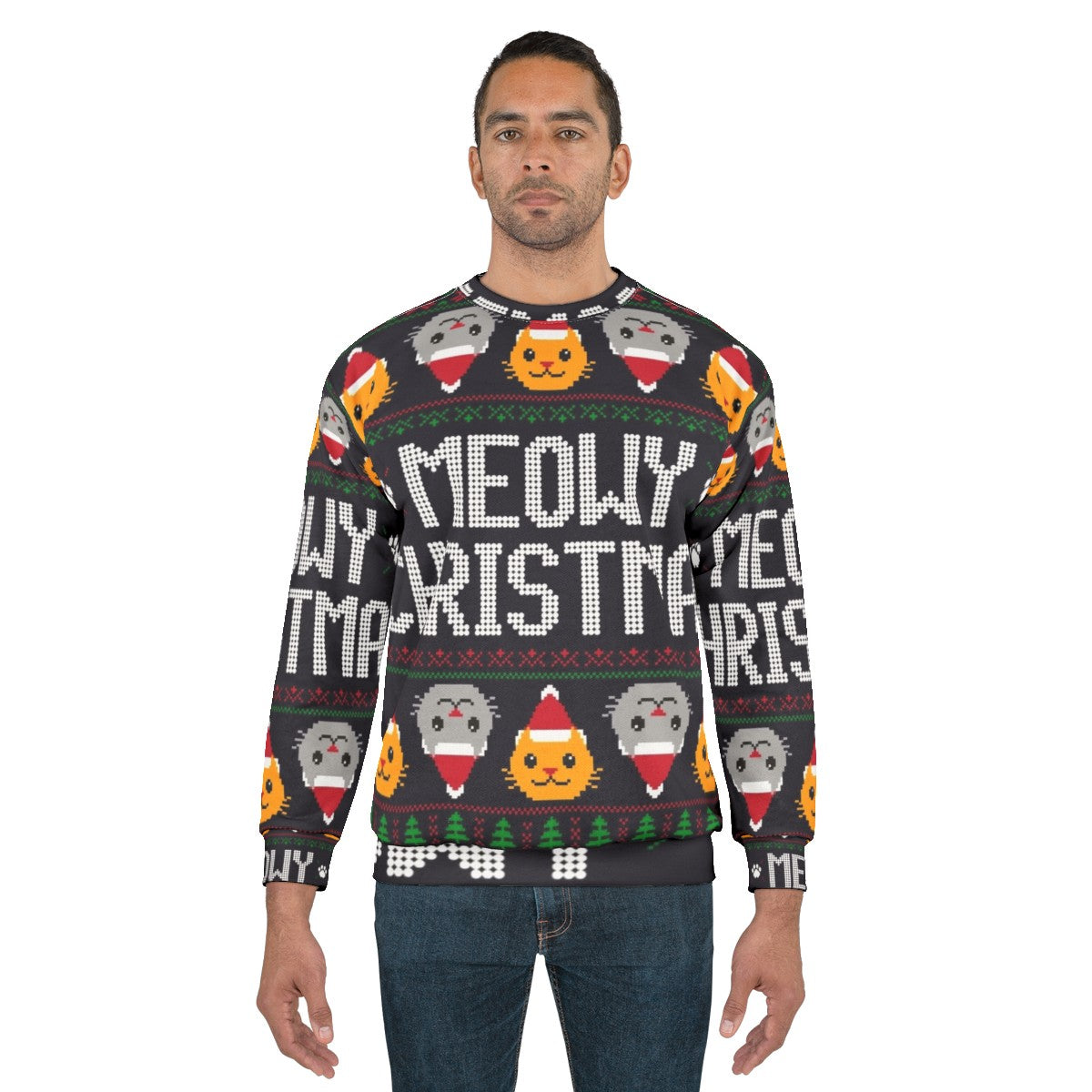 Ugly Christmas sweater cat wearing a festive cat sweatshirt - men