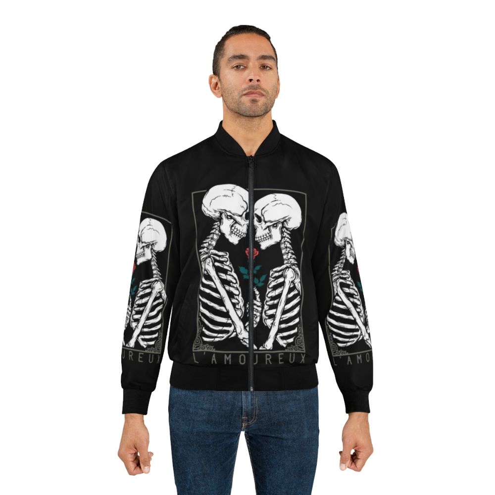 Tarot-inspired bomber jacket with skull, flower, and couple design - Lifestyle