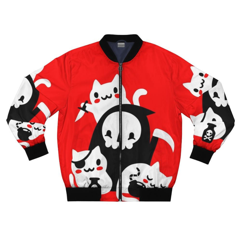 Death's Little Helpers Grim Reaper Bomber Jacket with cats, skulls, and a gothic design.