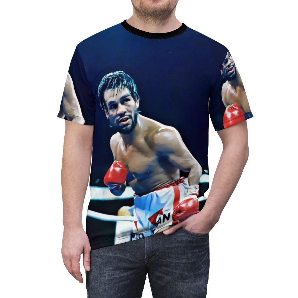 Graphic t-shirt featuring a portrait of legendary boxer Roberto Duran, nicknamed "Hands of Stone" - men front