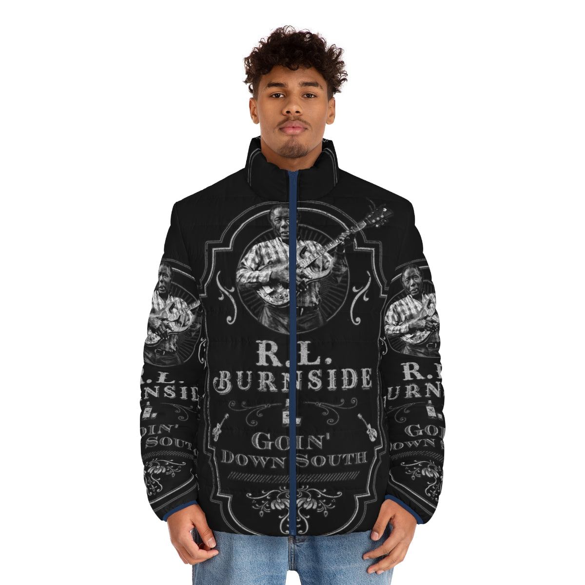 RL Burnside tribute puffer jacket with blues-inspired design - men front