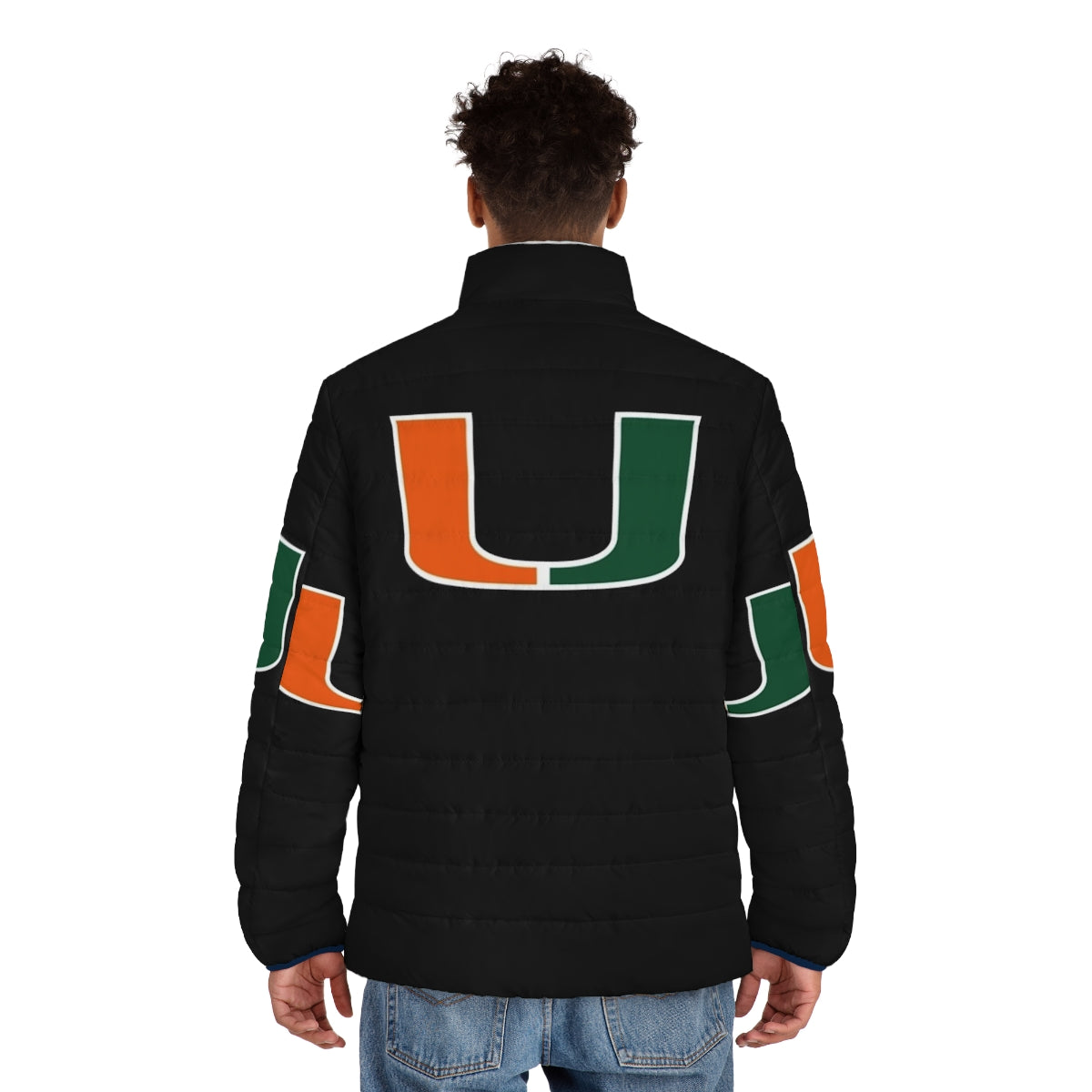 Miami Hurricanes logo printed on an insulated puffer jacket - men back