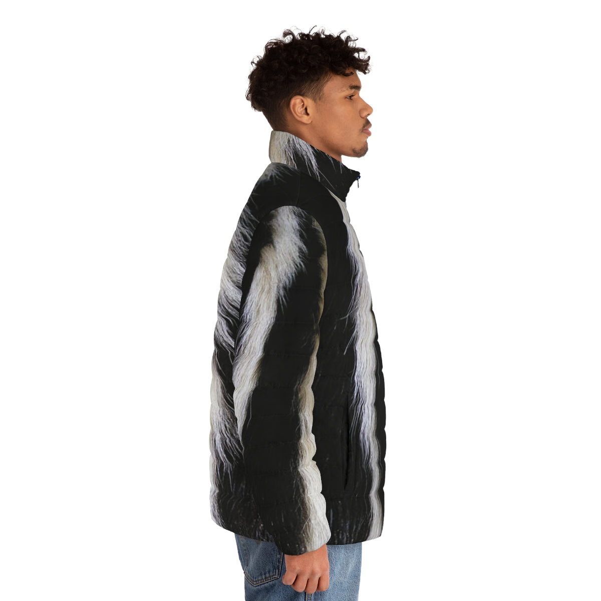 Skunk-inspired puffer jacket with bold black and white stripes - men side right