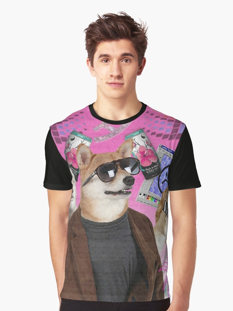 Vaporwave dog graphic design on a t-shirt with a trippy, 90s aesthetic - Men