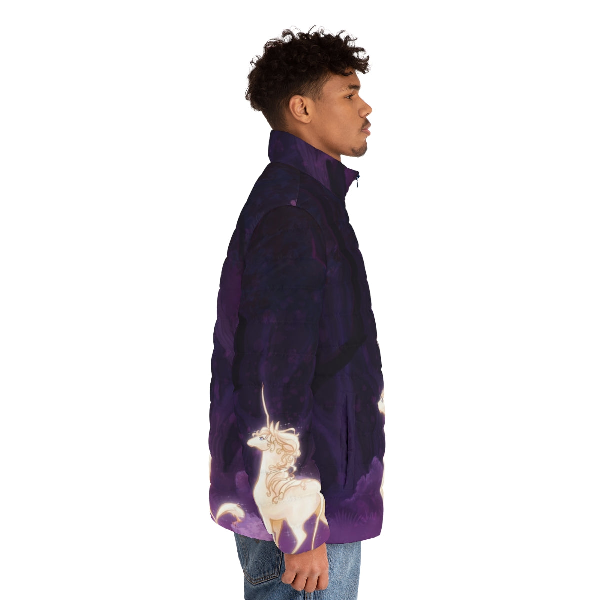 Unicorn puffer jacket with a whimsical fantasy design - men side right