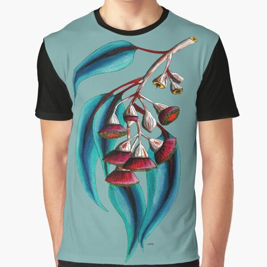 Colorful graphic t-shirt featuring a beautiful Australian gum tree with flowers and birds