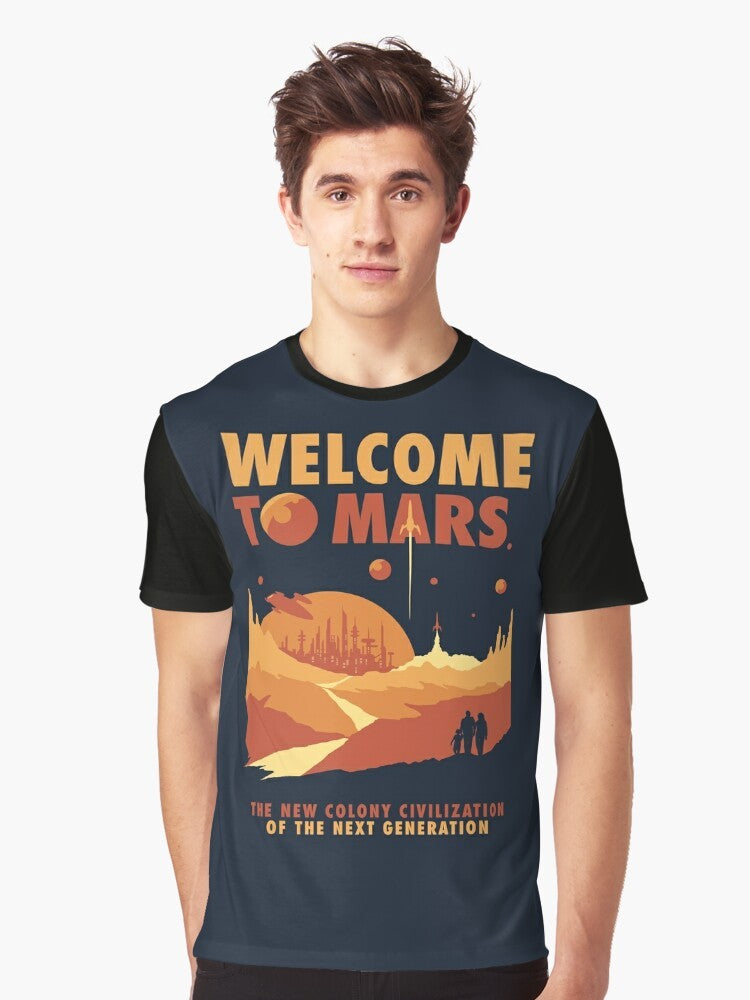 Retro-inspired graphic t-shirt featuring the planet Mars and space imagery - Men