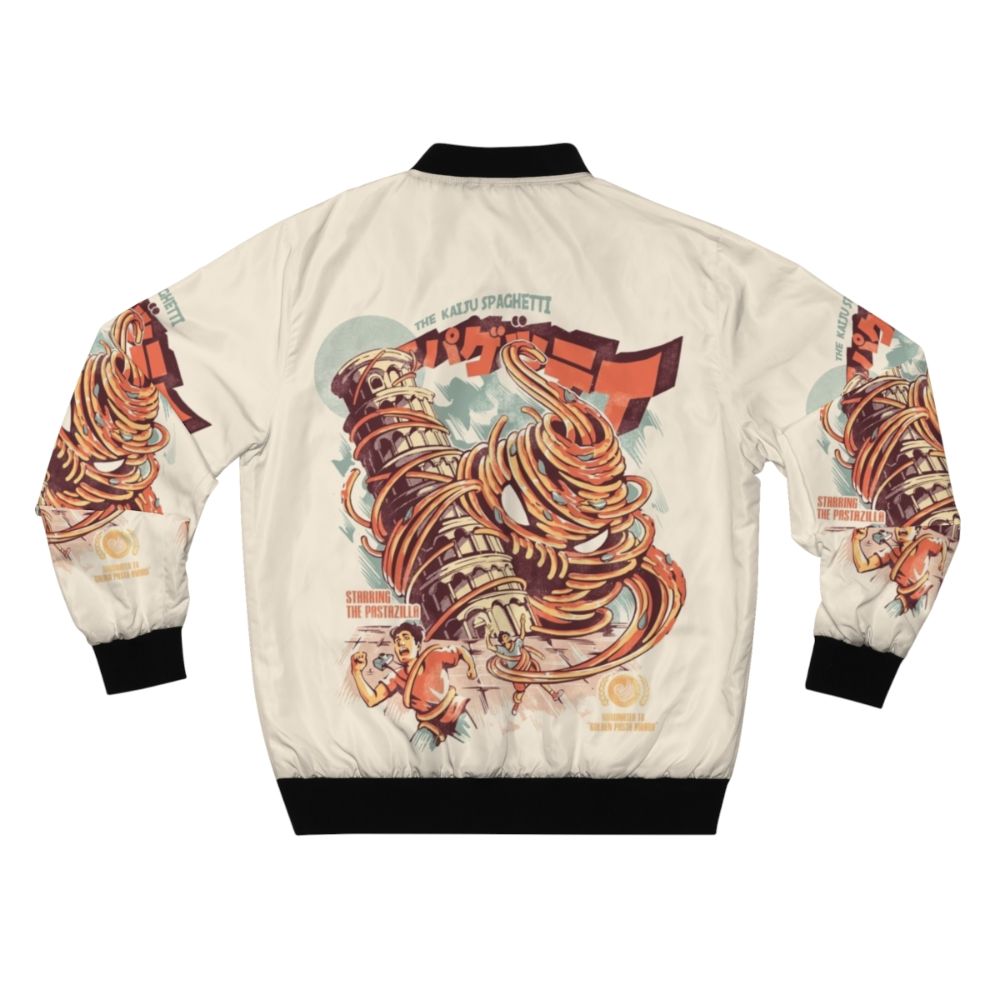 A retro-inspired bomber jacket featuring a graphic of a spaghetti monster, or "kaiju". - Back