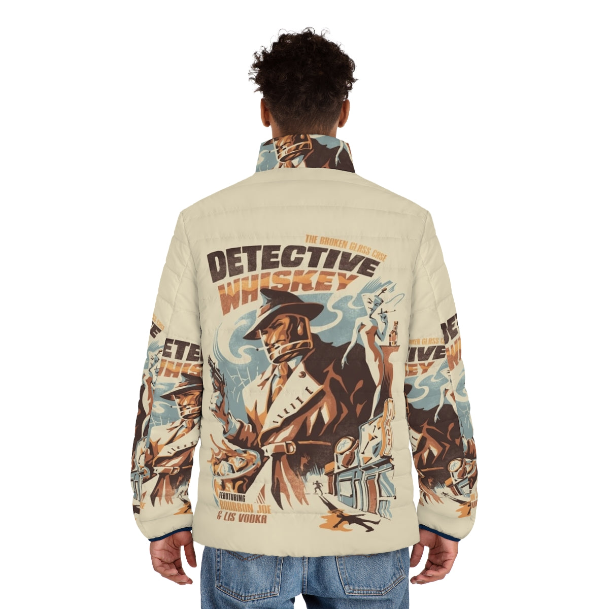 Vintage detective whiskey puffer jacket with retro film noir style - men back