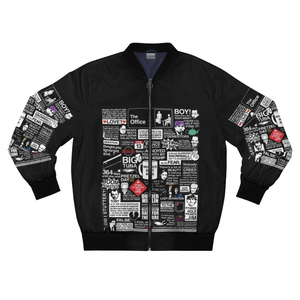 Bomber jacket featuring iconic quotes and characters from the TV show "The Office"