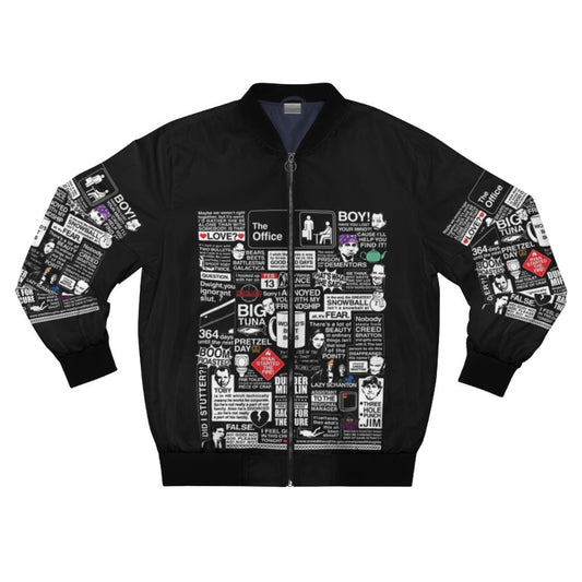 Bomber jacket featuring iconic quotes and characters from the TV show "The Office"