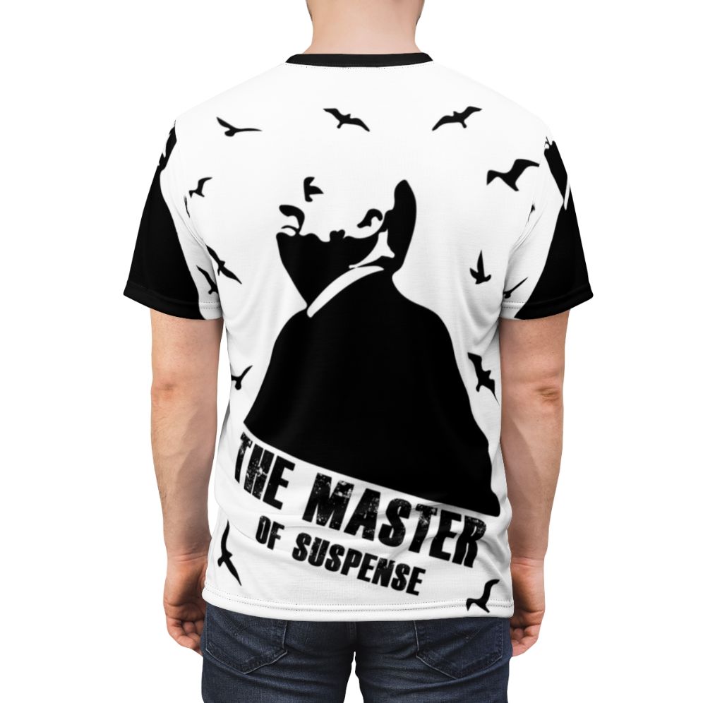 Vintage-style graphic t-shirt featuring the iconic profile of director Alfred Hitchcock, master of suspense and classic horror films like Psycho and The Birds. - men back