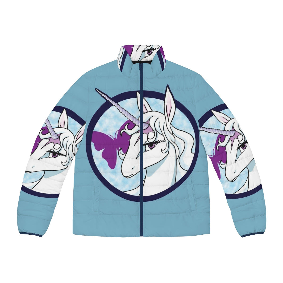 A cozy white and blue puffer jacket featuring the iconic unicorn from The Last Unicorn