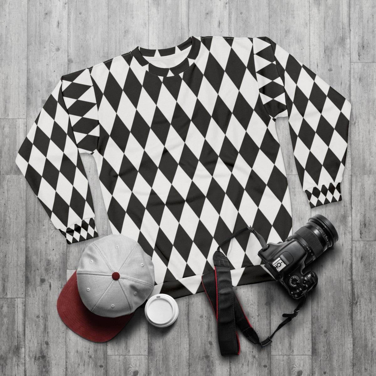 Harlequin diamond pattern black and white sweatshirt - flat lay