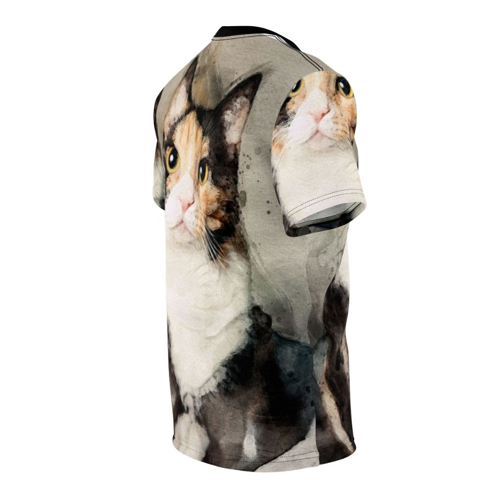 Watercolor painting of a calico cat on a t-shirt - men right