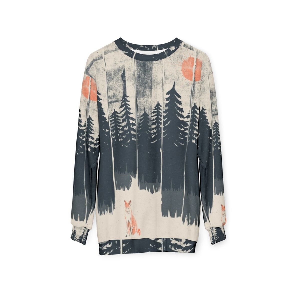 Cozy sweatshirt with a fox design in the wild forest - hanging