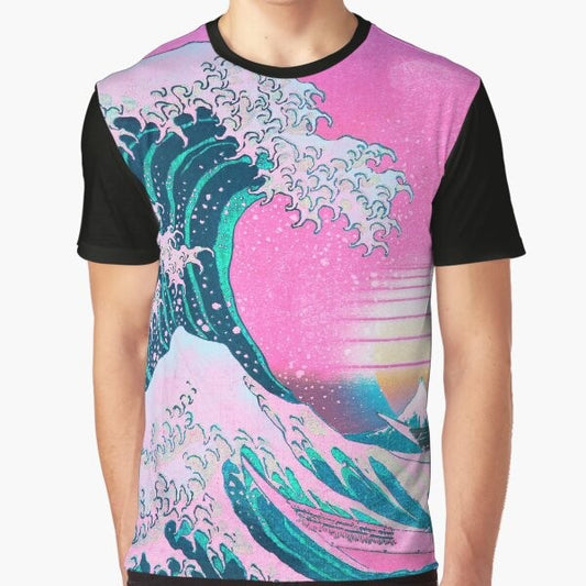 Vaporwave-inspired t-shirt featuring the iconic 'Great Wave Off Kanagawa' design with a retro sunset backdrop