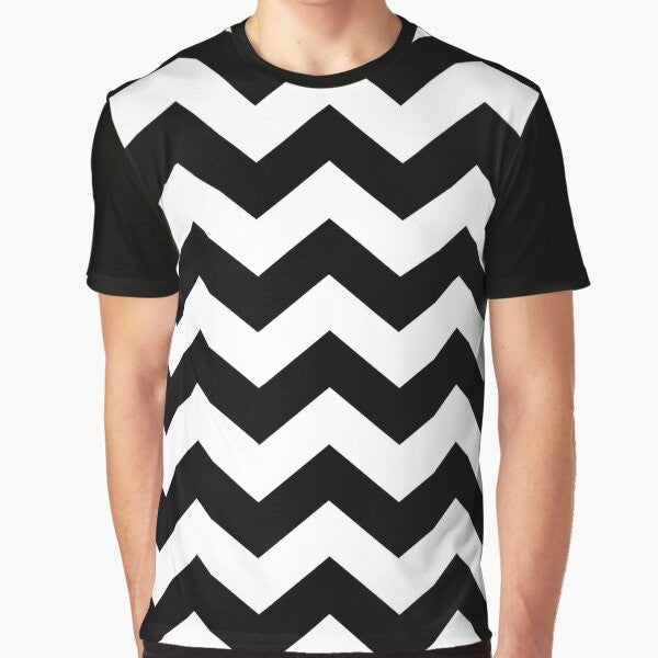 Black and white zig-zag graphic design on a t-shirt