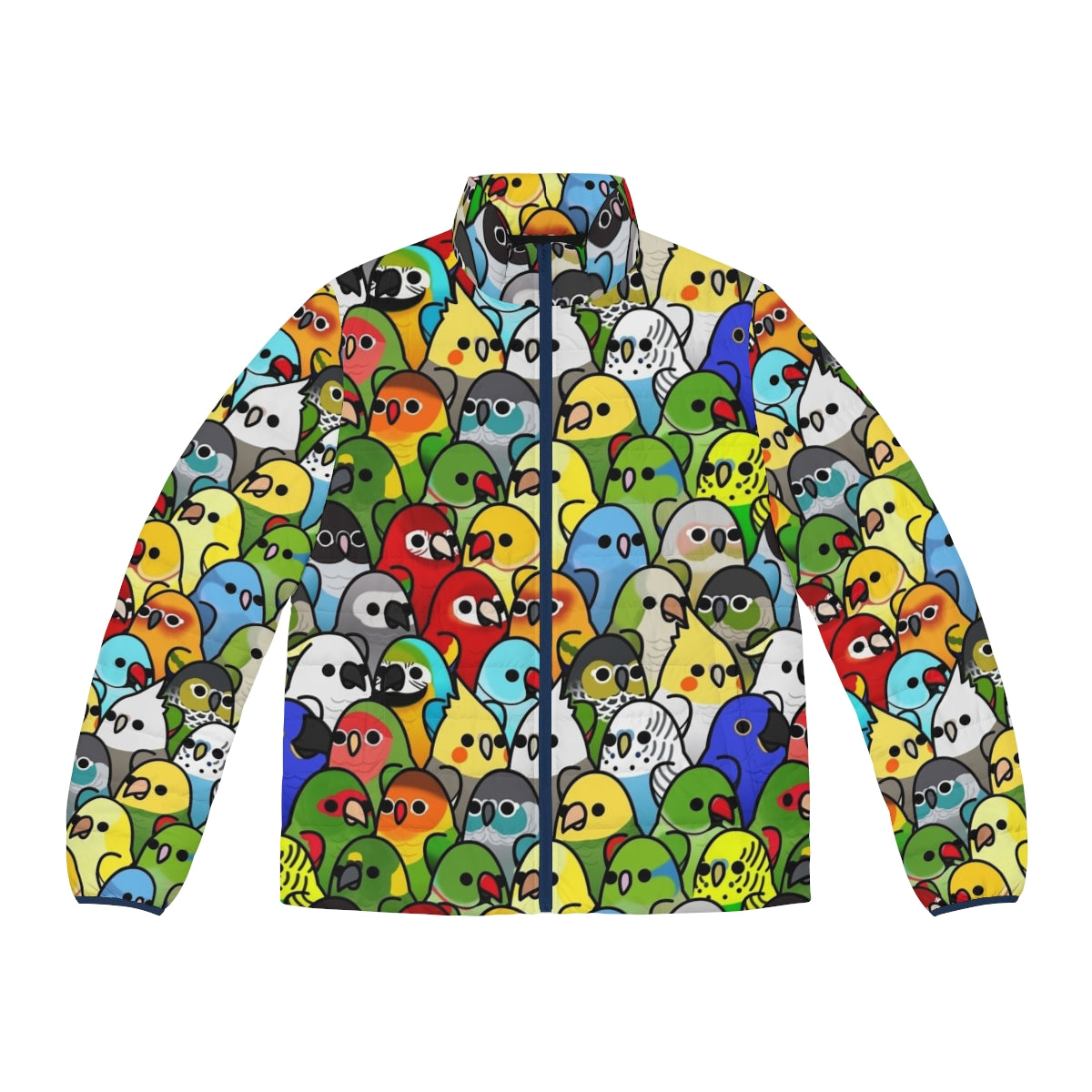 Blue budgie puffer jacket with birds pattern