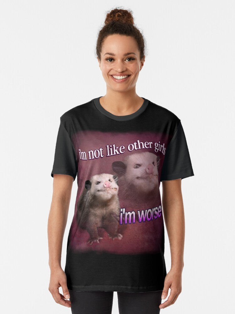 Funny graphic tee featuring a possum with the text "I'm Not Like Other Girls, I'm Worse" in a word art style. - Women