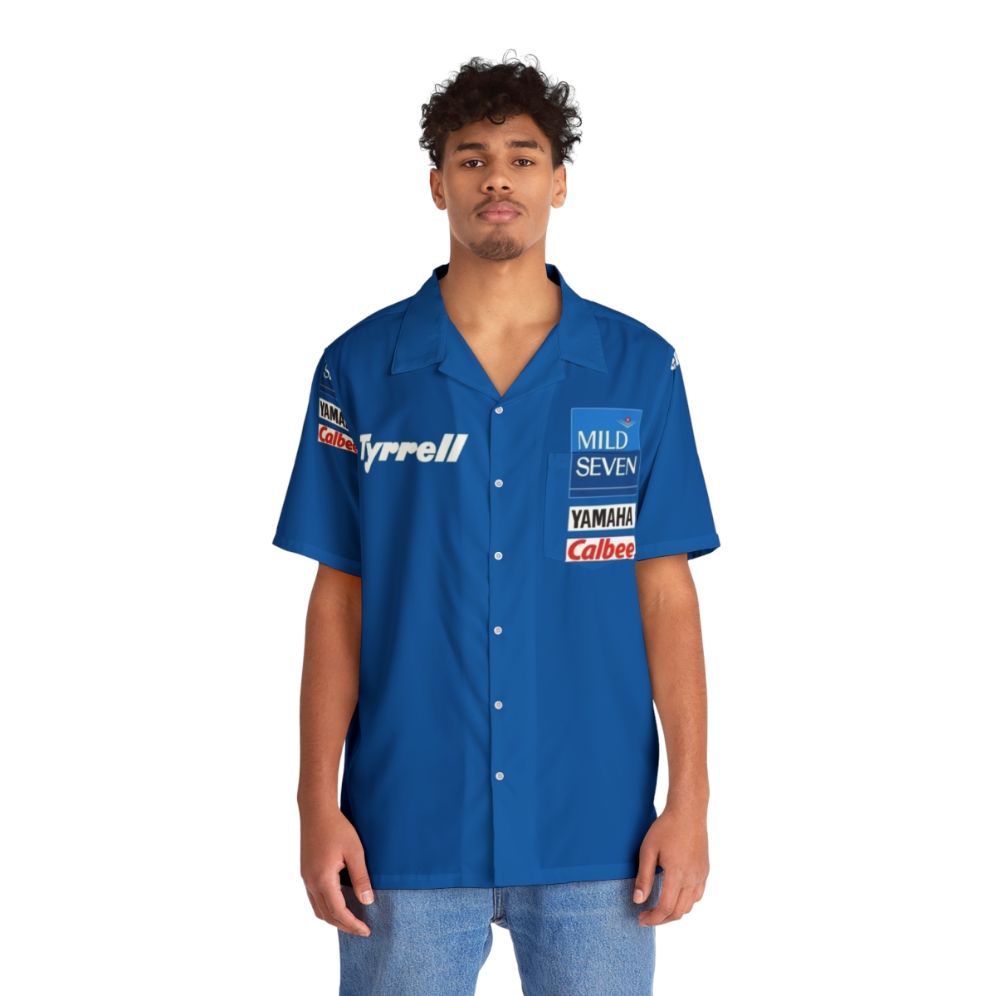 Gp2 Tribute Tyrrell Hawaiian Shirt featuring racing graphics and vibrant Hawaiian print - People Front