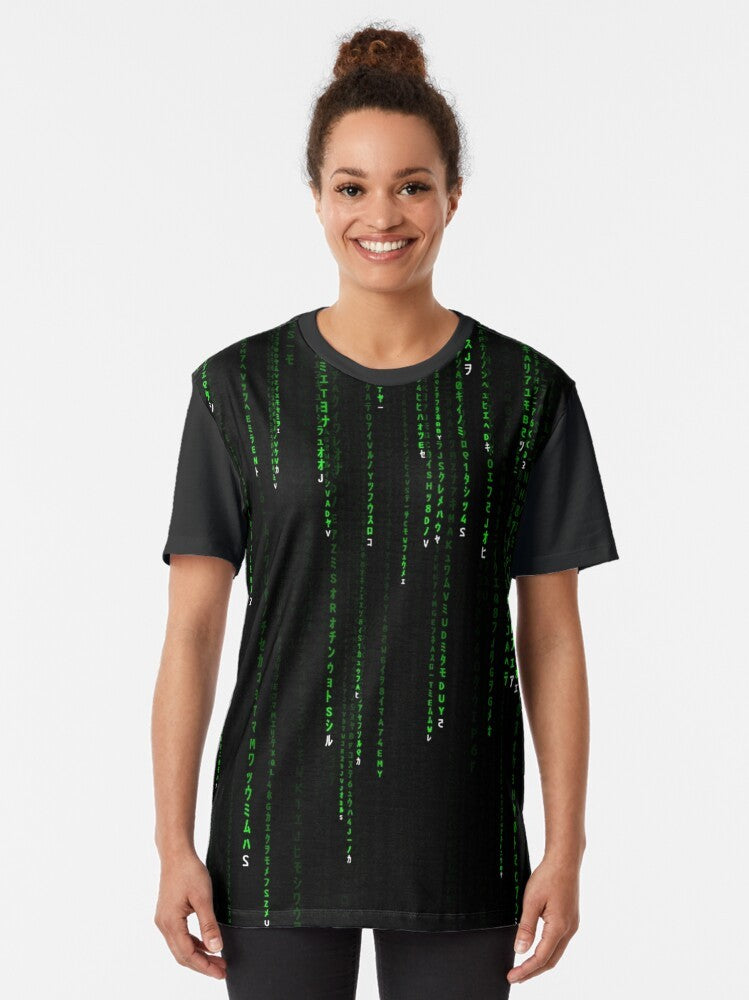 Matrix-inspired green graphic t-shirt with coded design - Women