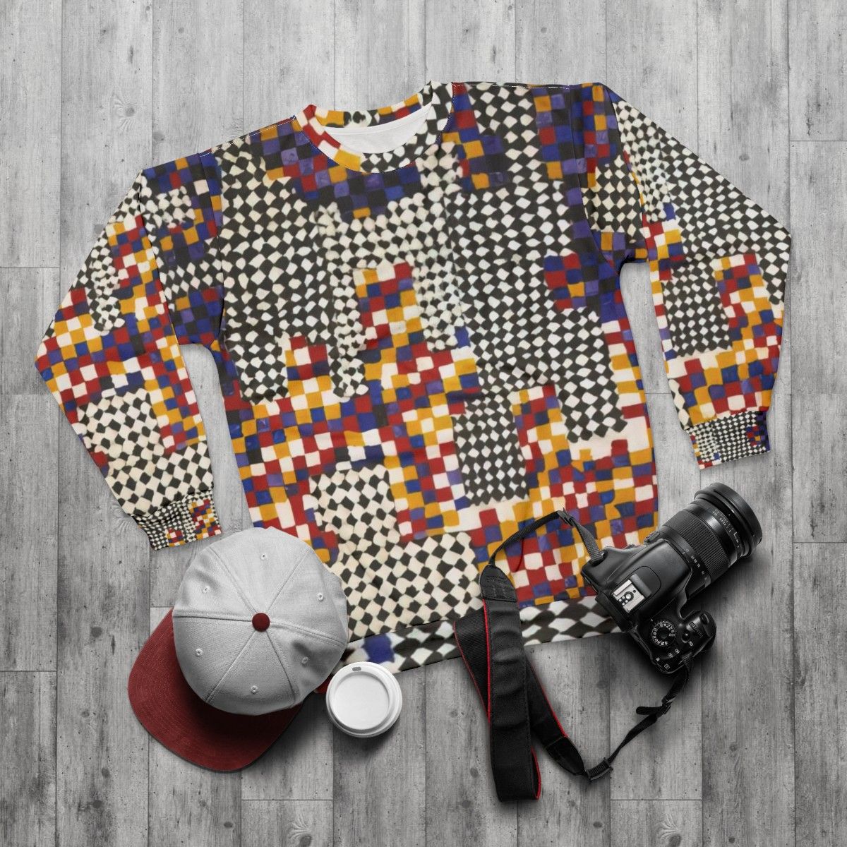 Colorful abstract sweatshirt featuring artwork by Alfred Jensen - flat lay