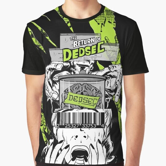 Dedsec pop art graphic design on a black t-shirt for video game enthusiasts