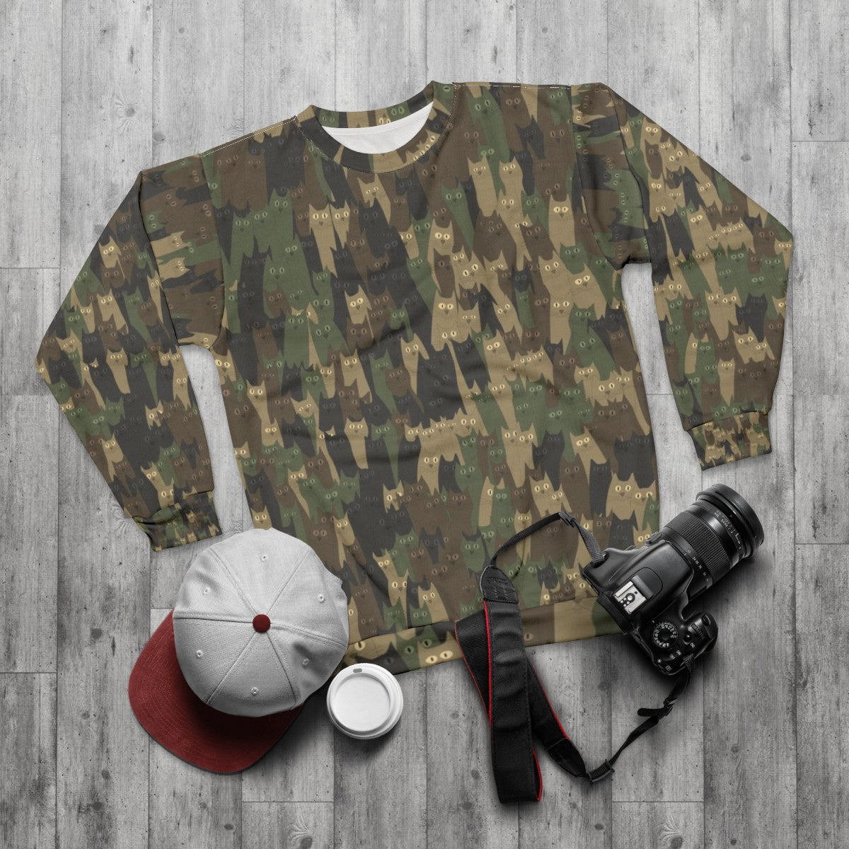 Camouflage cats military style sweatshirt - flat lay