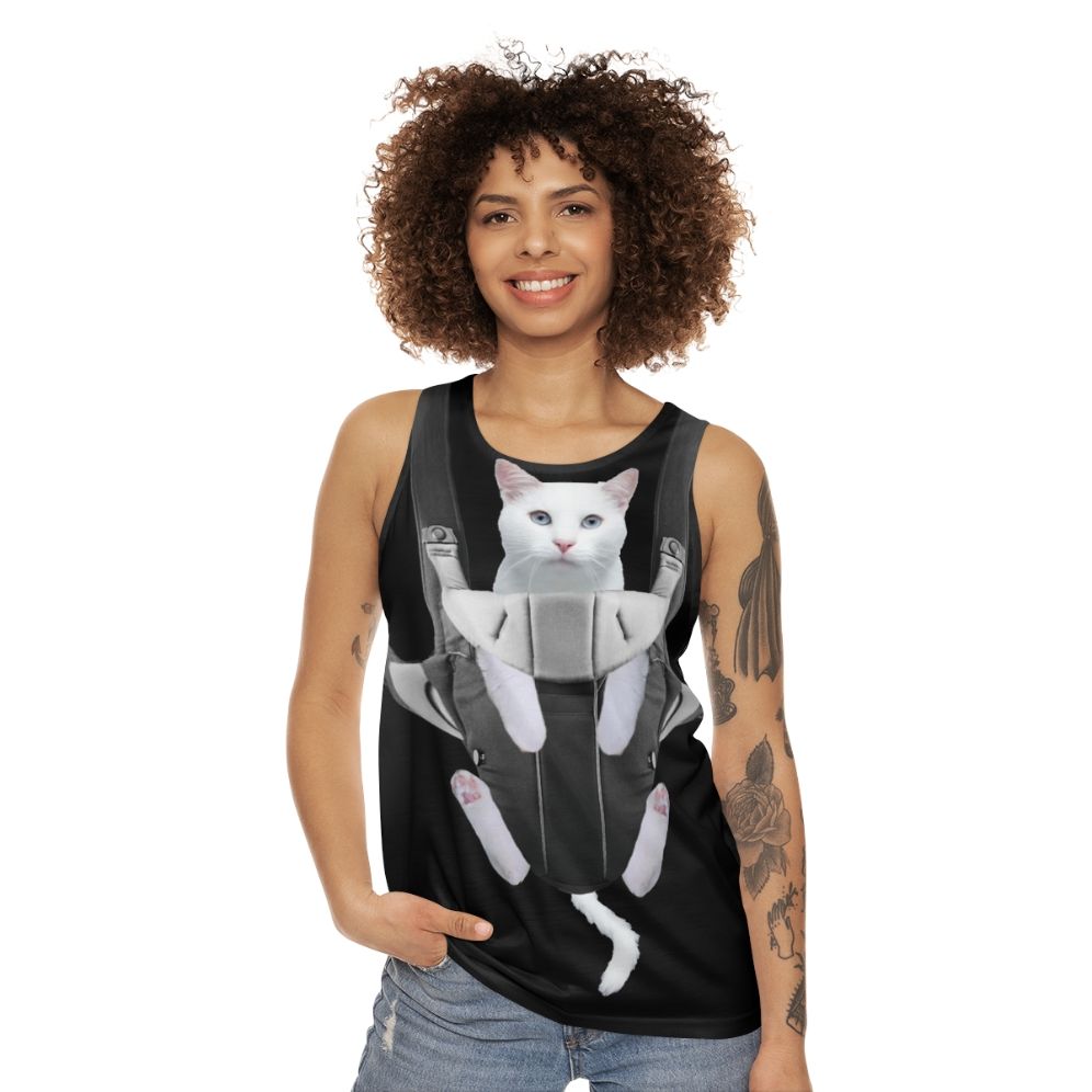 Cute tabby cat in a baby carrier on a unisex tank top - women