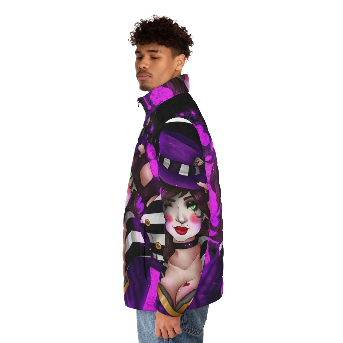 Miss Moxxi Borderlands inspired puffer jacket with black and purple color scheme - men side left