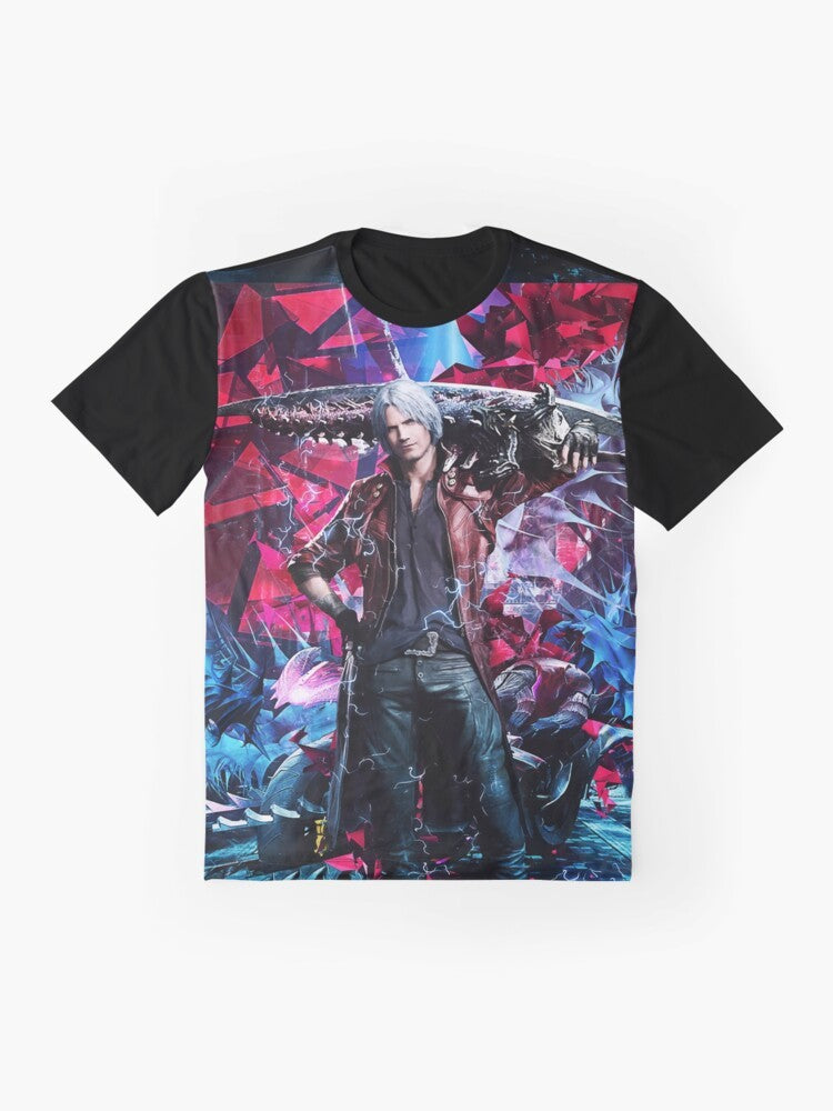 Dante from the video game Devil May Cry V featured on an abstract, colorful graphic t-shirt - Flat lay