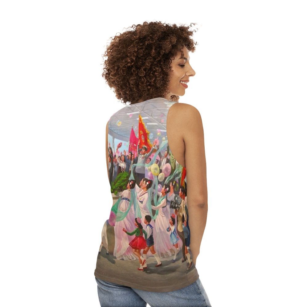 Unisex tank top with North Korea propaganda-inspired colorful design - women back