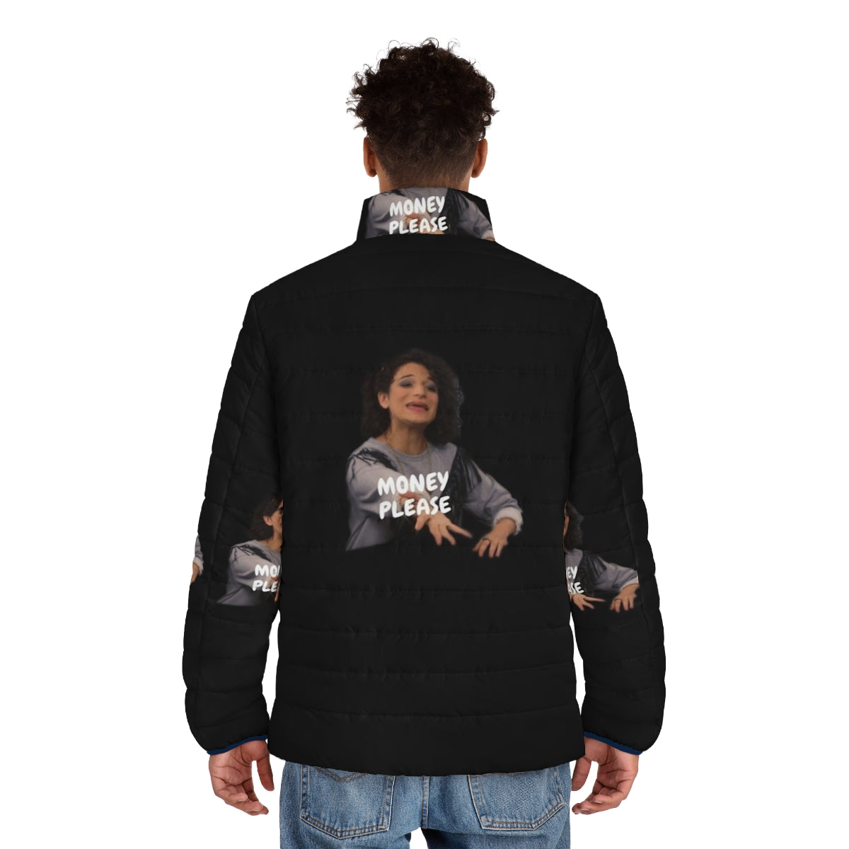 Funny "Money Please" puffer jacket with Mona Lisa Saperstein inspired design - men back