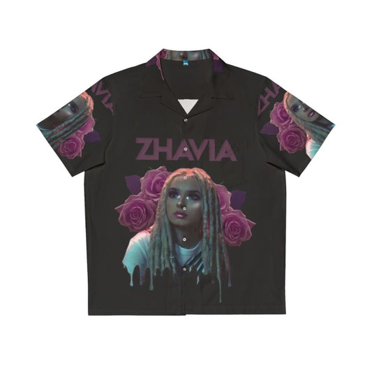 Zhavia Wearing a Tropical Floral Hawaiian Shirt