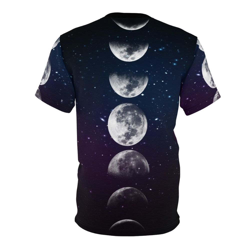 Unisex t-shirt featuring a watercolor design with the phases of the moon and a cosmic, space-inspired aesthetic. - Back