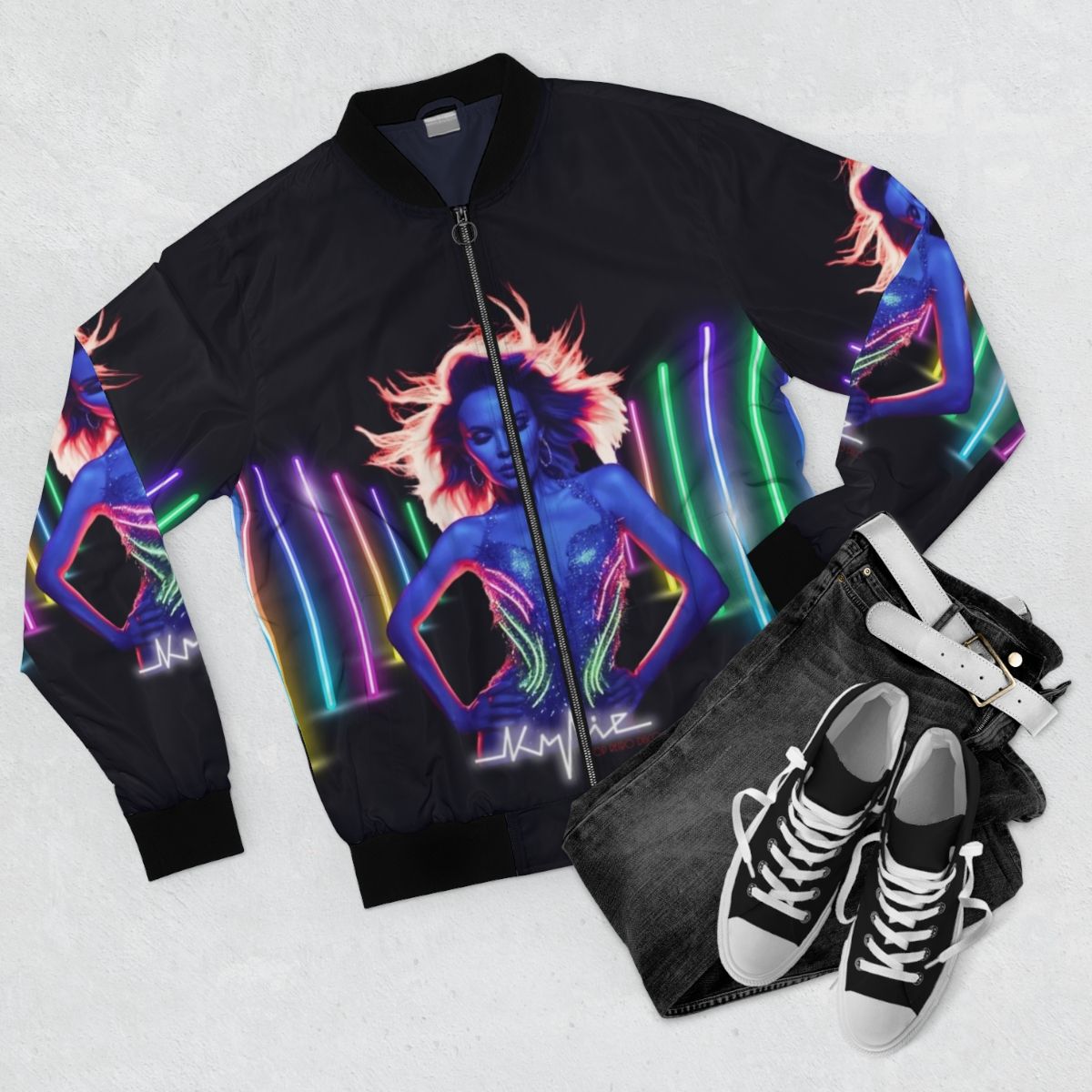 Kylie Minogue Pop Retro Disco Bomber Jacket - Flat lay