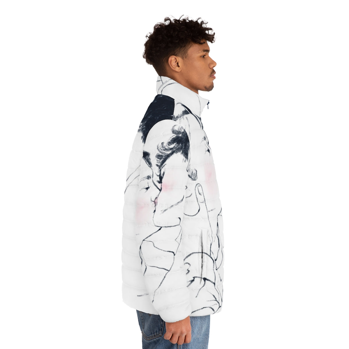 Heartstopper inspired puffer jacket featuring a kiss design - men side right