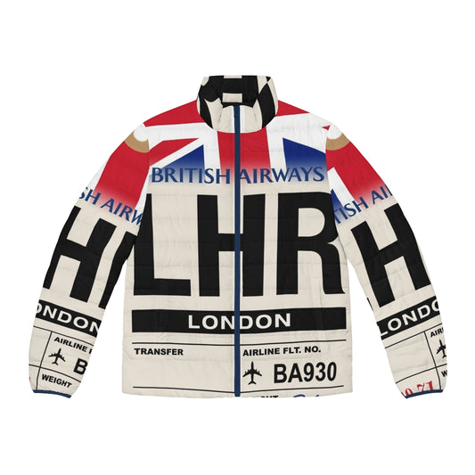 London Heathrow Airport Puffer Jacket featuring airline luggage tag design