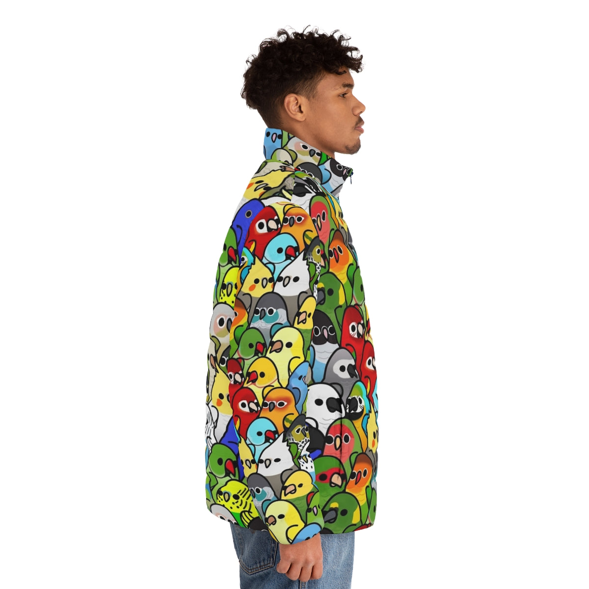 Too Many Birds Bird Squad Classic Puffer Jacket with a variety of colorful birds - men side right