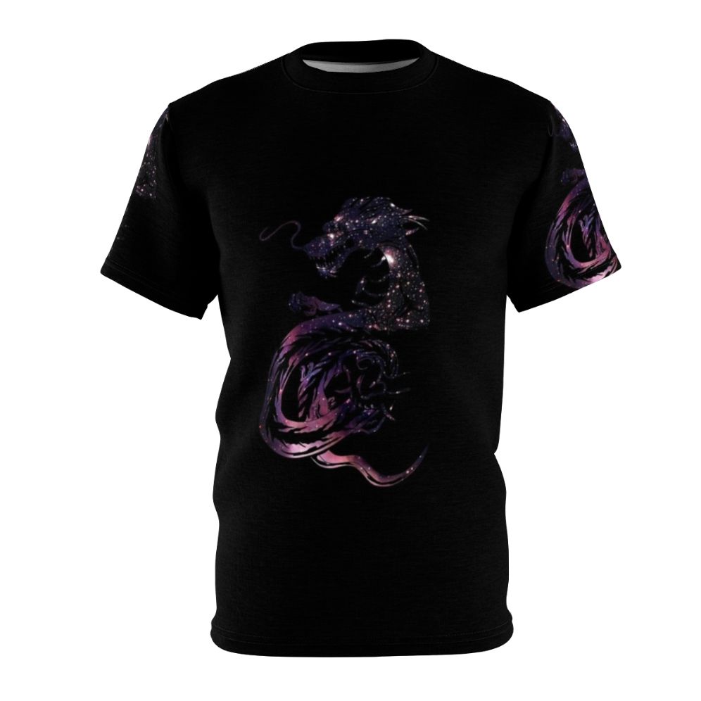 Cosmic dragon mythological creature design on an all-over print t-shirt