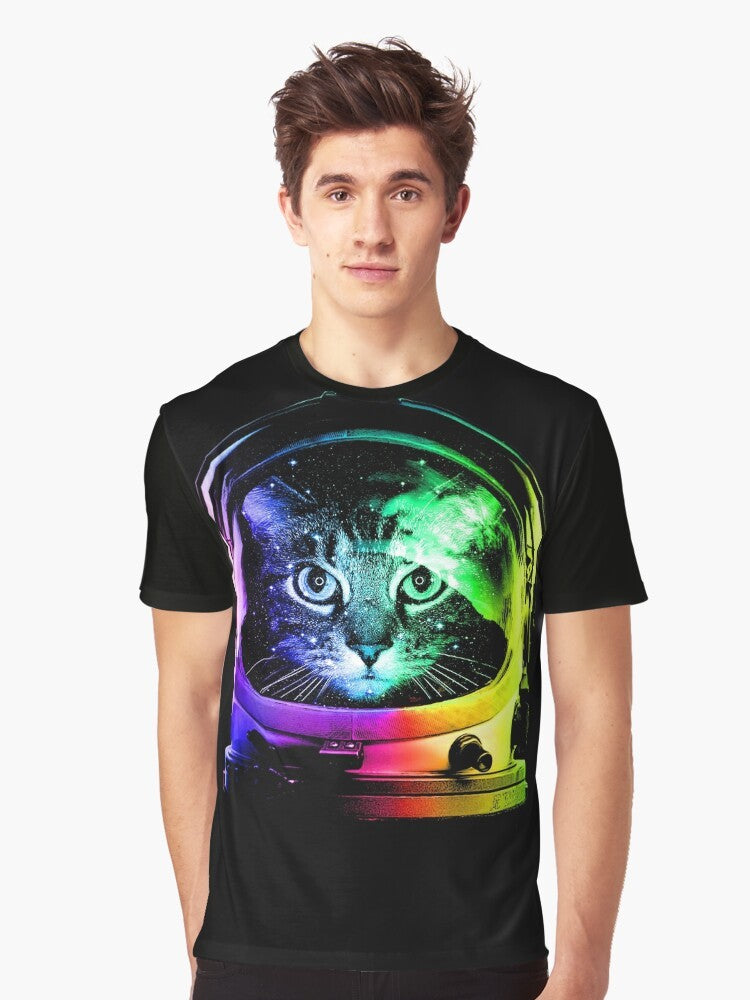 An adorable astronaut cat floating in the cosmos against a galaxy background - Men