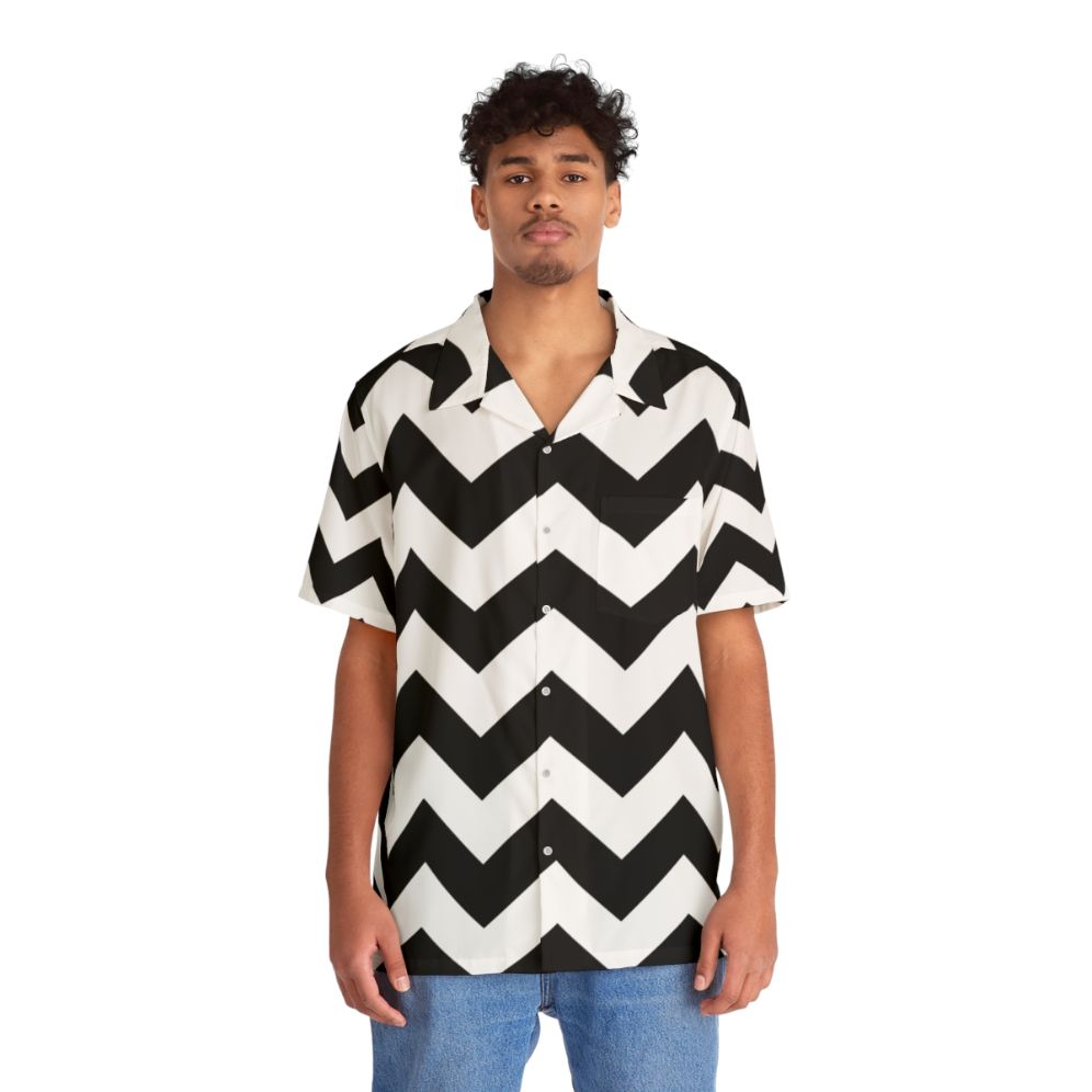 Black and White Zig Zag Hawaiian Shirt with Geometric Pattern - People Front