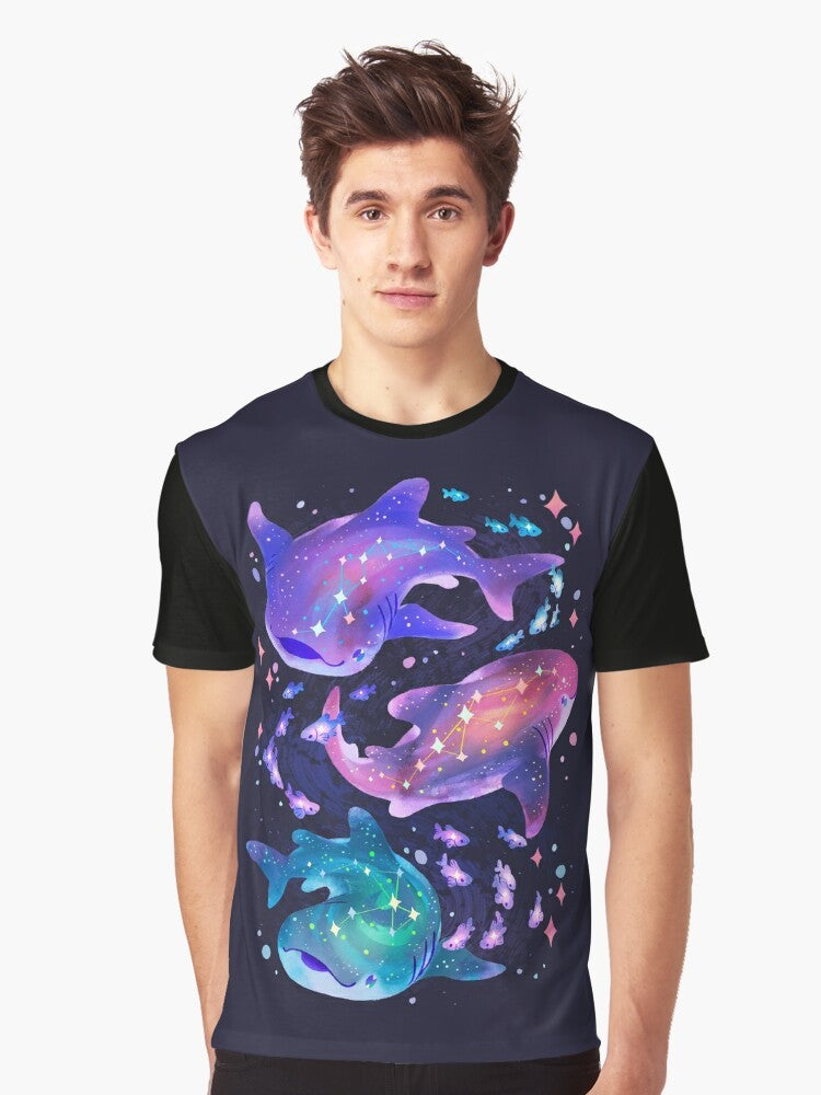 A cosmic-themed t-shirt design featuring a purple whale shark swimming among the stars. - Men